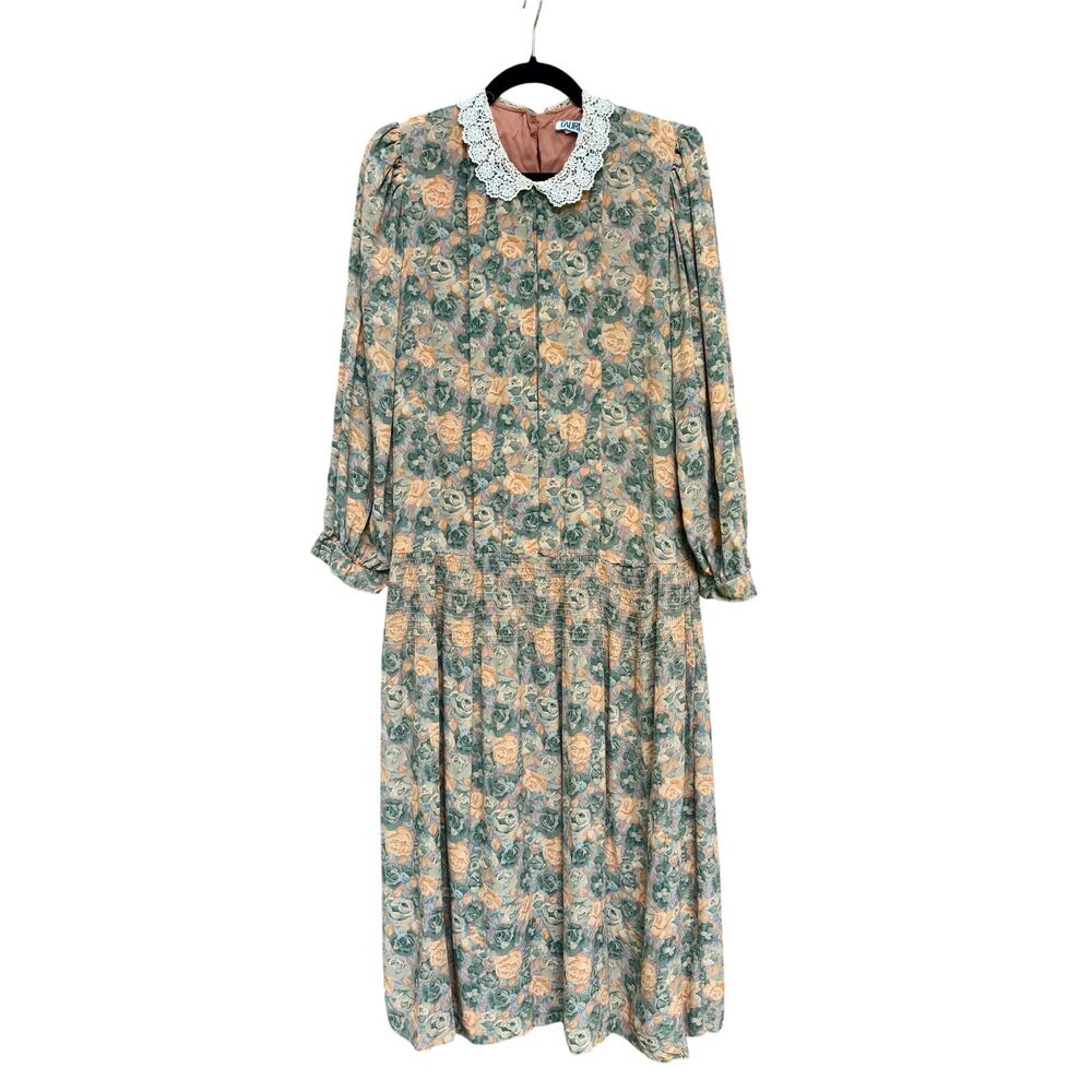 Vintage 80s Taurus II Floral Prairie Dress Lace Collar Drop Waist Pink Green